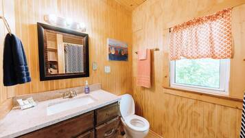 Combined shower/bathtub, hair dryer, towels