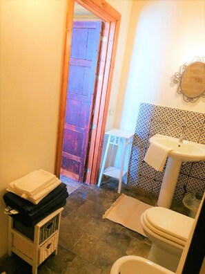 Regadera, secadora de cabello, bidet, toallas 