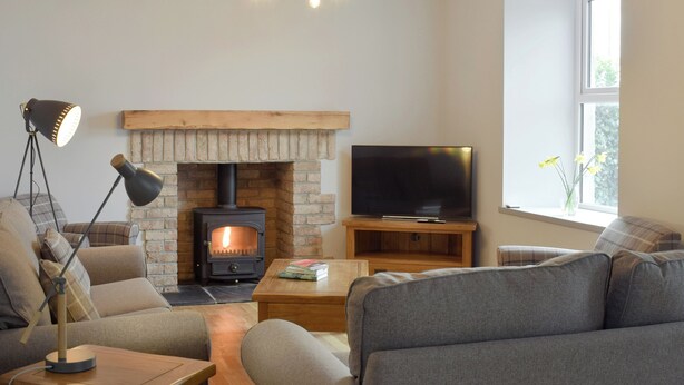 A cozy living room with a fireplace, a television, and comfortable seating. - There’s more than an education to be had at The School House. (New Luce, near Newton Stewart)