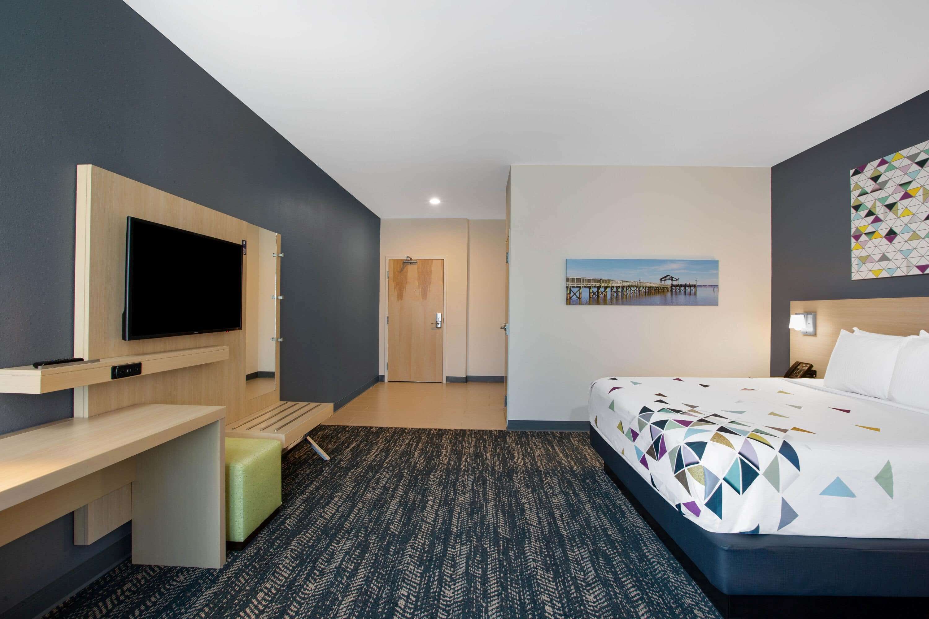 desk, laptop workspace, blackout curtains, free wifi