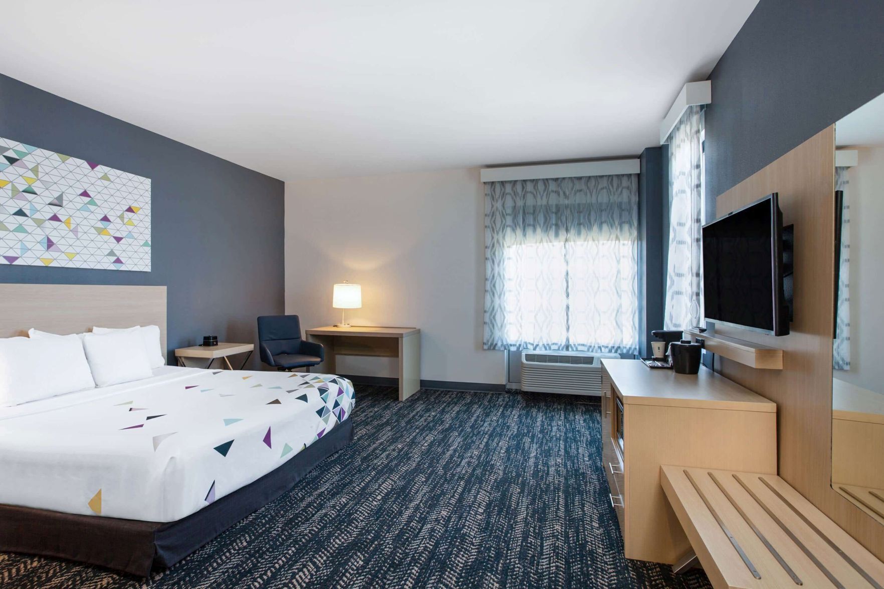 Desk, laptop workspace, blackout drapes, free WiFi