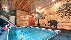 Une piscine avec un revêtement intérieur en bois, un panier de basketball et une fresque représentant un ours sur le mur.