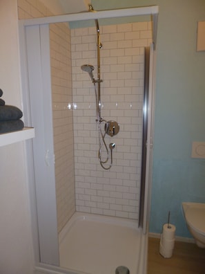 Shower, hair dryer, towels, soap