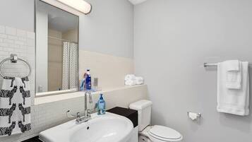 Regadera, secadora de cabello, toallas