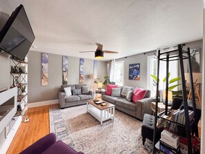 Smart TV, fireplace, books