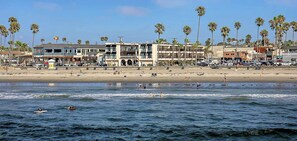 Un hôtel situé en bord de mer, avec plusieurs étages, une plage de sable en premier plan et des palmiers bordant la côte.