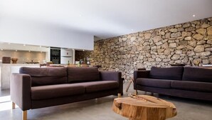 Un salon moderne avec un mur en pierre, deux canapés et une table basse en bois.