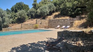 Une piscine avec des chaises longues, un mur de pierre et des arbres en arrière-plan.