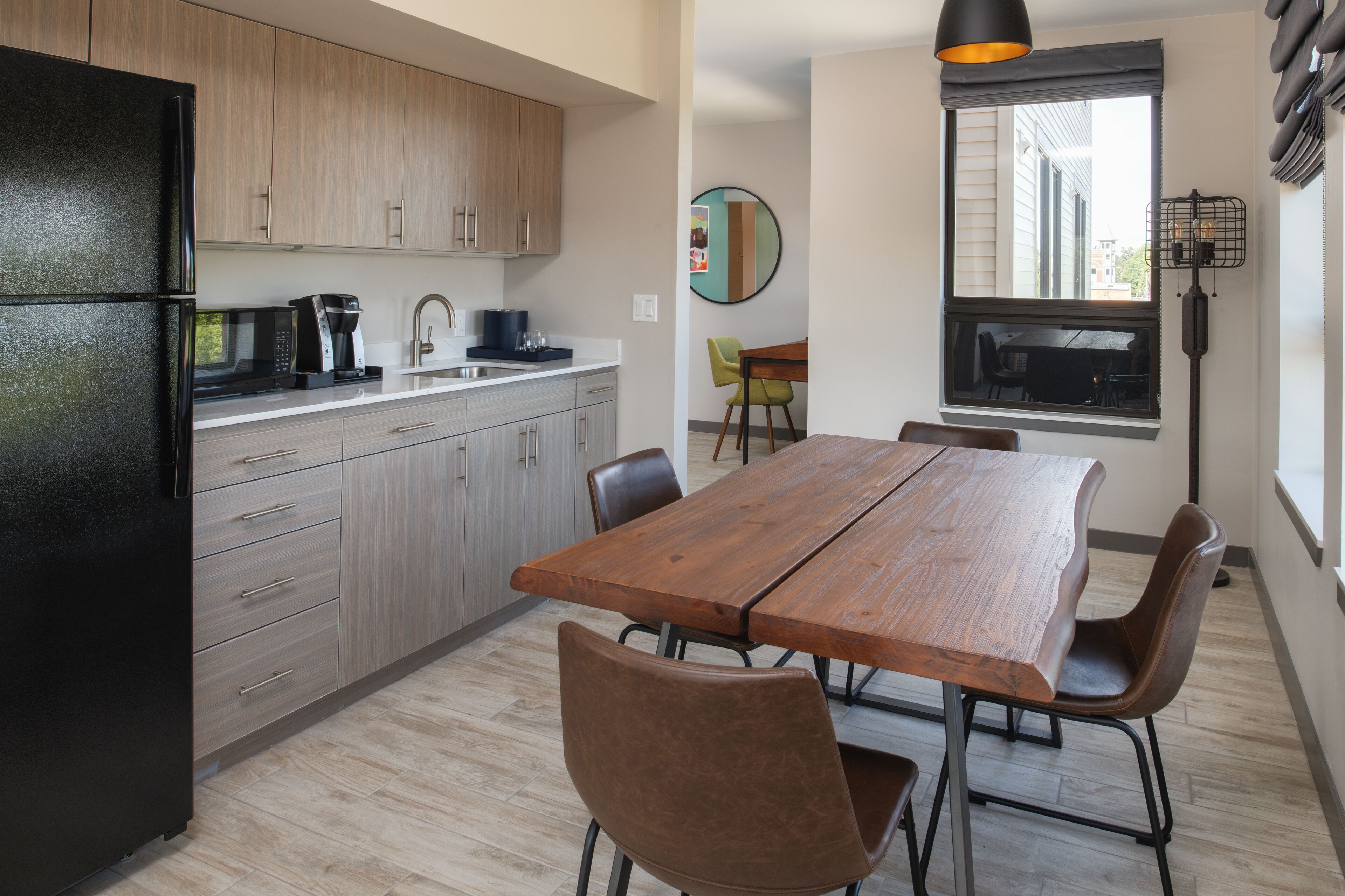 mini-fridge, microwave, coffee/tea maker