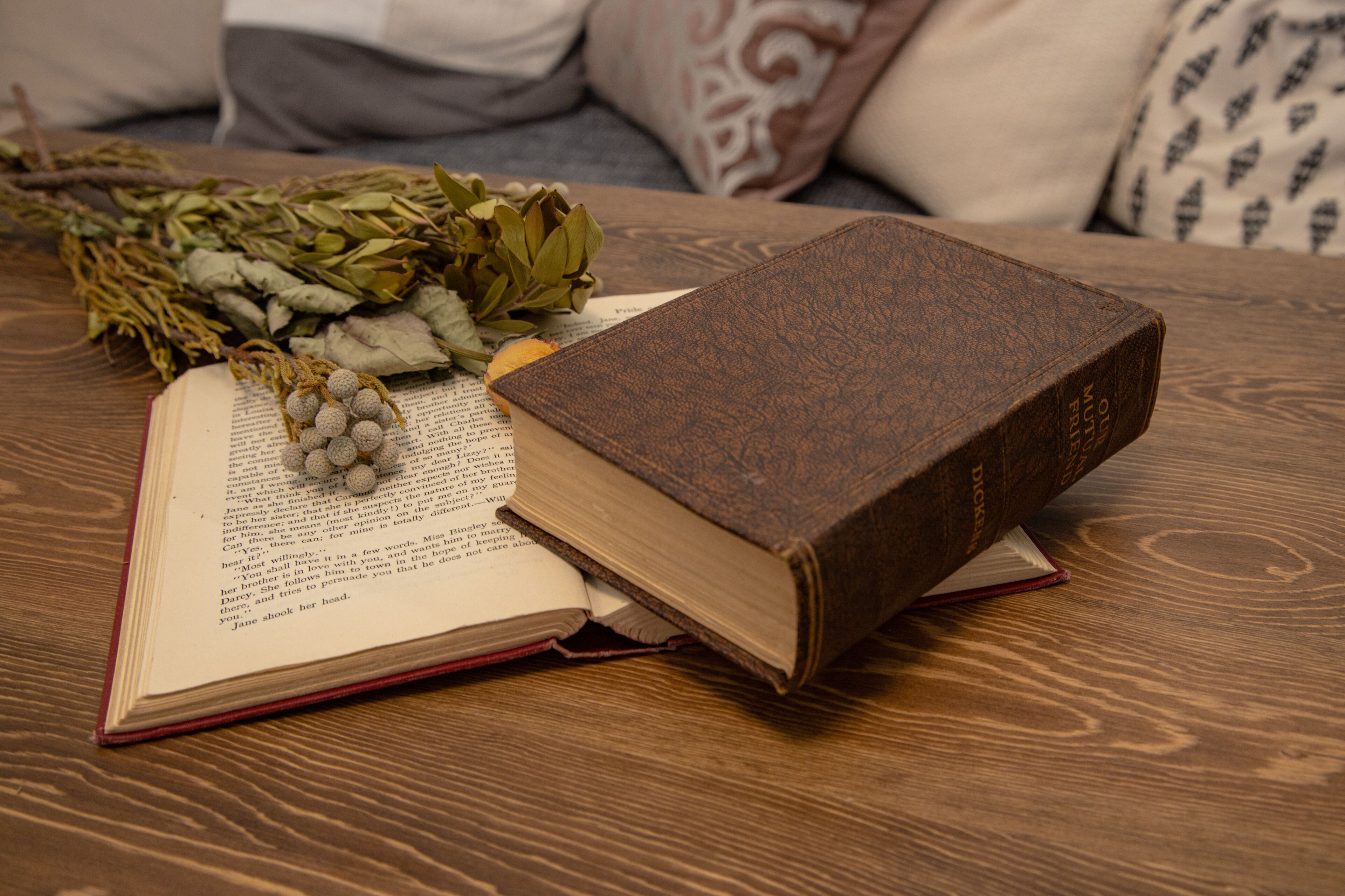 Ein offenes Buch mit einer Kräutermischung und einer kleinen Traube auf einer Holztischplatte.