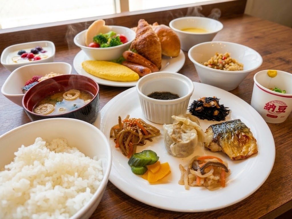 A variety of dishes including rice, fish, and vegetables on a wooden table.