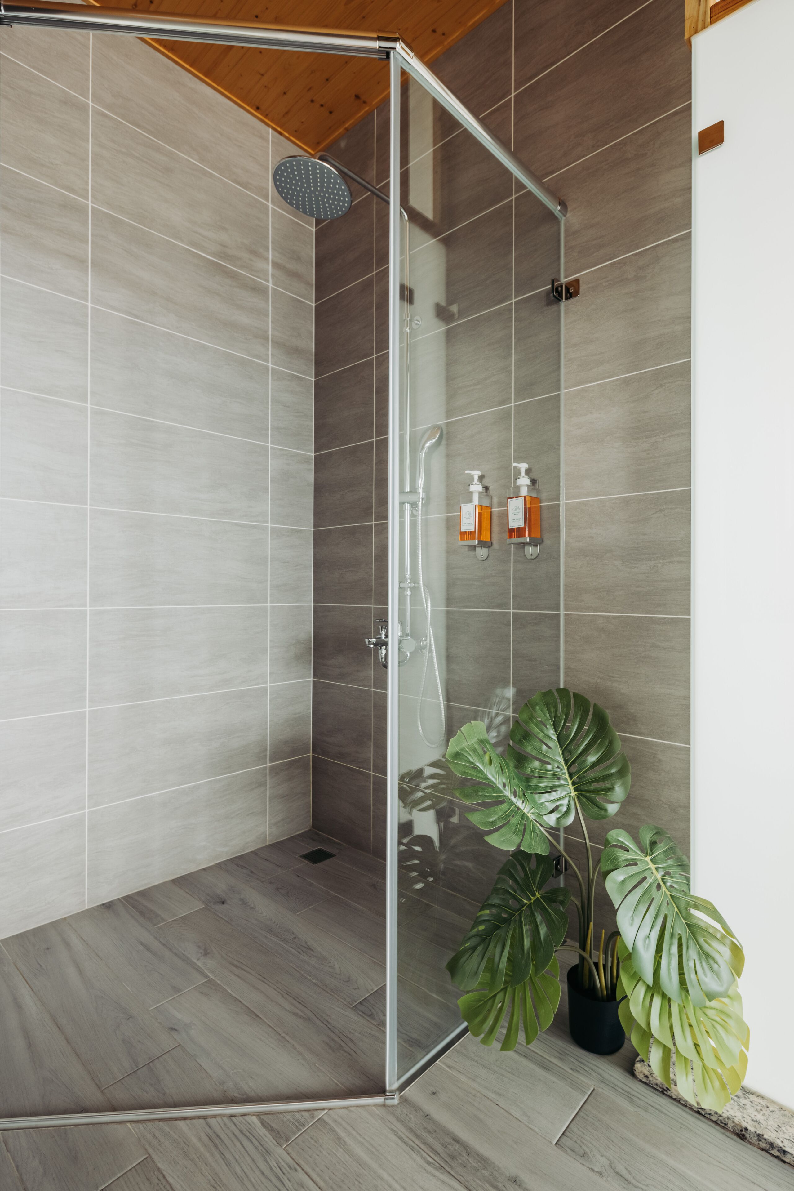 A modern shower area with a glass door, wooden flooring, and a potted plant.