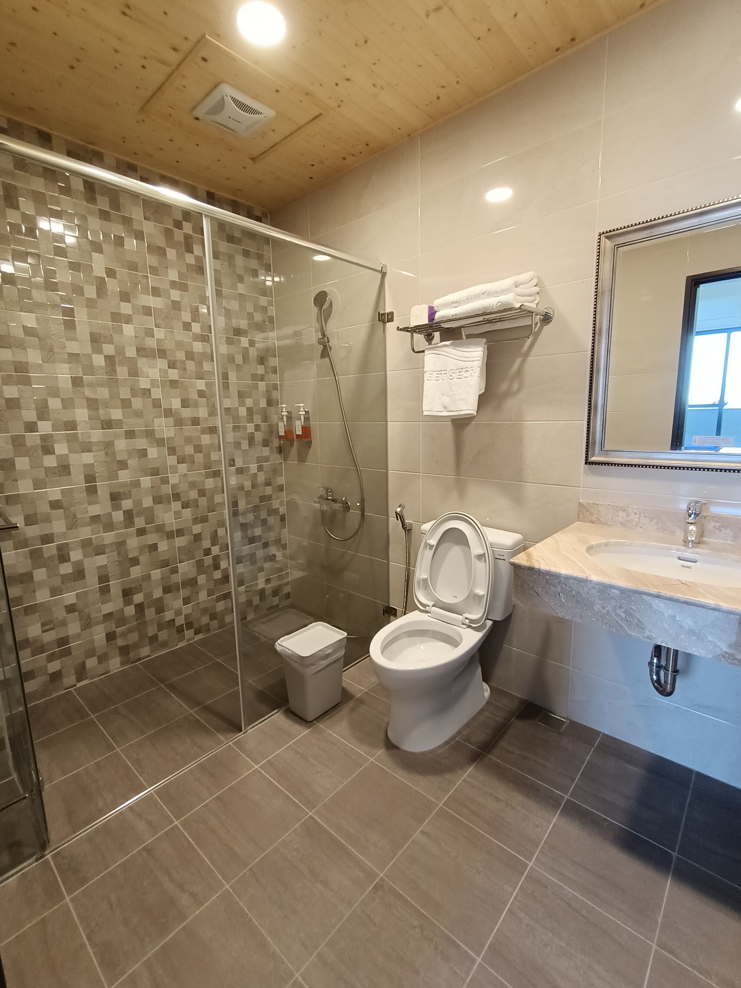 A modern bathroom with a glass-enclosed shower, a toilet, and a sink with a mirror above it.