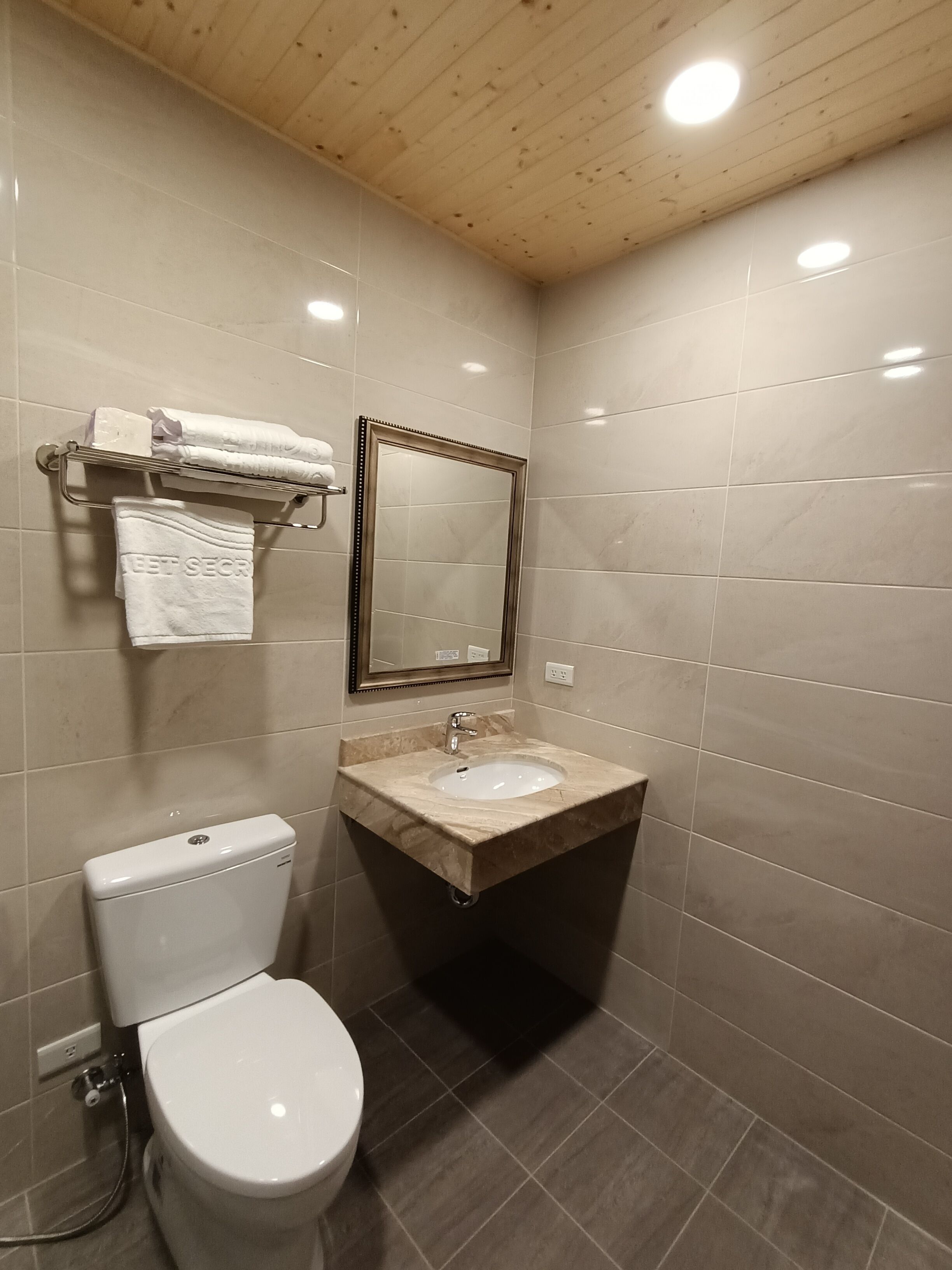 A bathroom with a toilet, sink, and mirror.