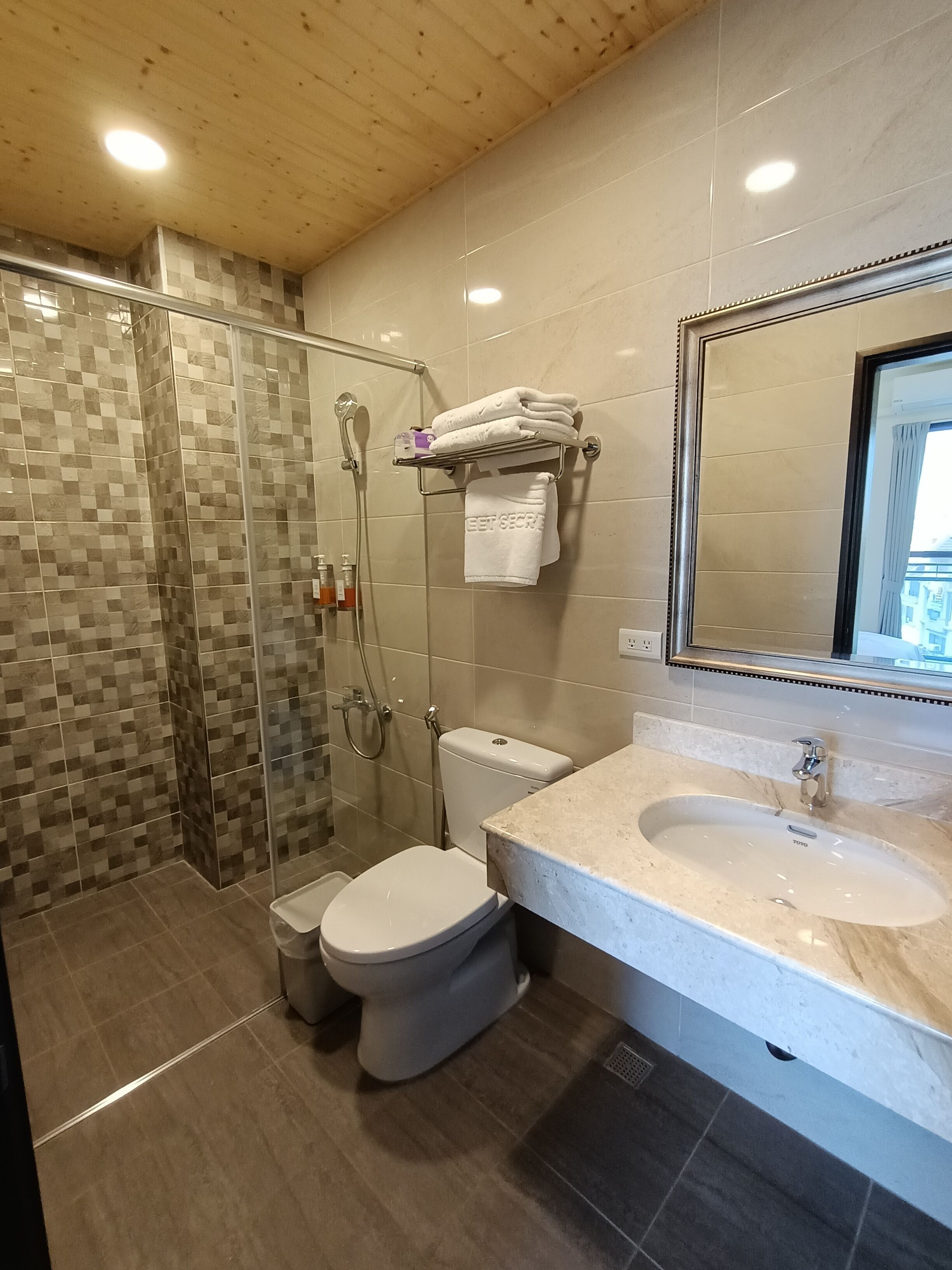 A modern bathroom with a glass shower enclosure, a toilet, a sink, and a mirror.