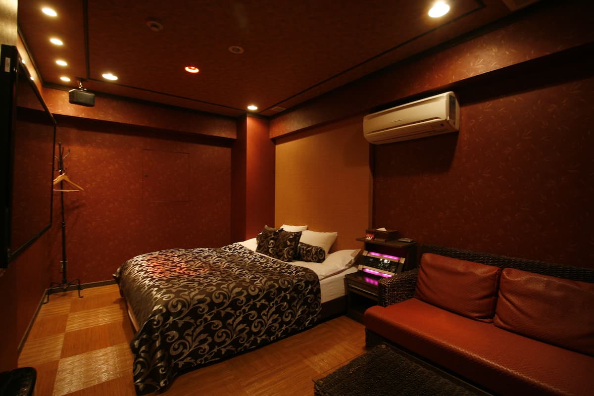 Ein Hotelzimmer mit Bett, Sofa, Klimaanlage und Lampe.