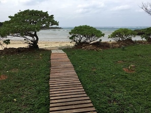 Un sendero de madera que conduce a una playa, con árboles a ambos lados.