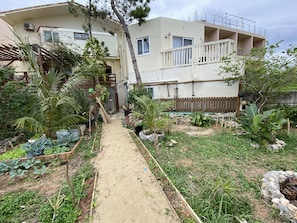 A residential building with a garden pathway, wooden deck, and various plants.