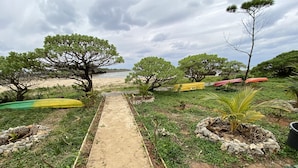 A pathway leading to a beach with trees and kayaks.