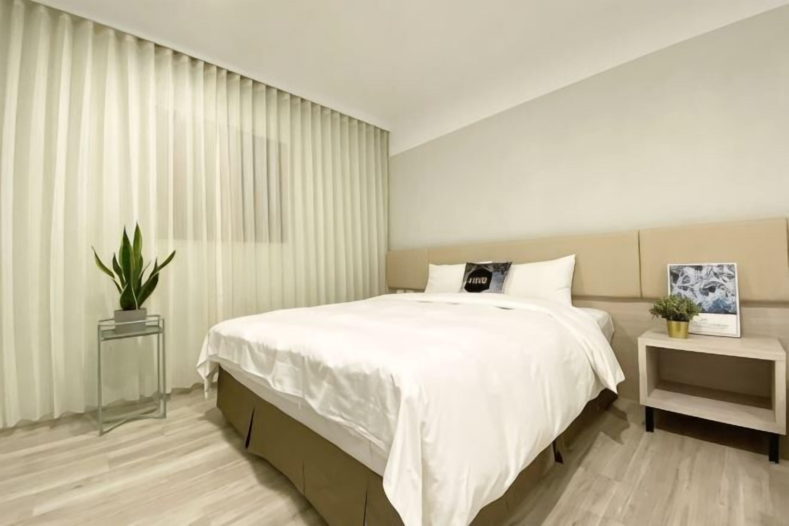 A modern hotel room with a large bed, a bedside table with a plant, and a headboard with a picture.
