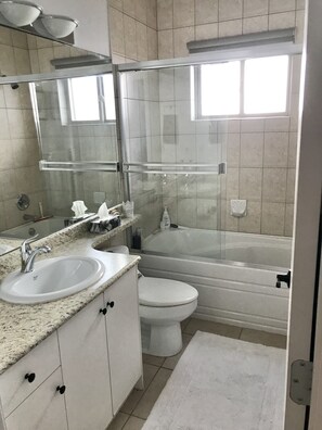 Combined shower/tub, hair dryer, towels, soap
