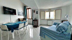 Una habitación con una mesa de comedor, sillas, un sofá, un televisor, un radiador y una ventana con cortinas.