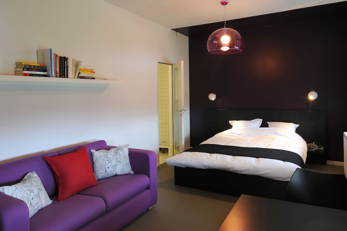 A modern bedroom with a purple sofa, a large bed with white bedding, a bookshelf, and a pendant light.