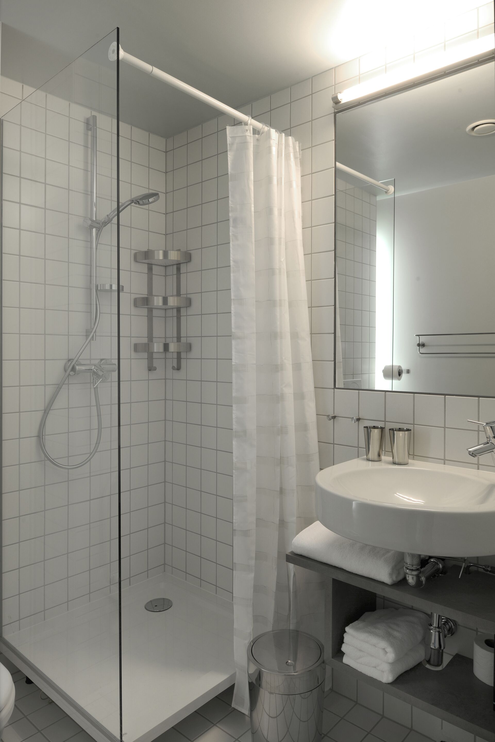 A modern bathroom with a glass-enclosed shower, a white sink, and a mirror above it.