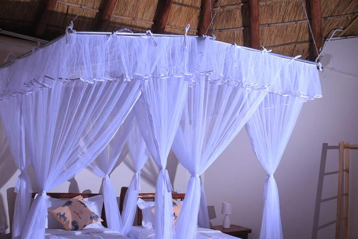 A bed with a canopy, a bedside table, a lamp, and a wall with a curtain.