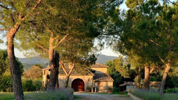 A rustic stone building with a large arched entrance, surrounded by trees and a gravel path. - Villa Alessandro (Citta della Pieve)