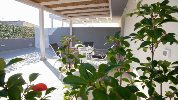 Eine überdachte Terrasse im Freien mit Tisch und Stühlen, umgeben von Pflanzen.