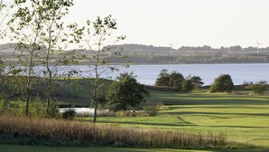 Un campo de golf con un lago y turbinas eólicas al fondo.