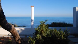 A coastal view with a white column and a tree in the foreground.