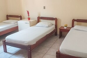 A room with three single beds, each with a wooden frame and white bedding. There is a small table with a red flower pot between the beds. - Hotel Guarini (Monte Sião)