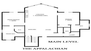 A floor plan of The Appalachian main level, including a living room, dining area, kitchen, two bedrooms, a primary bedroom, a primary bath, a W.I.C., and a laundry room.