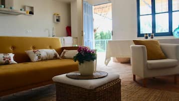 Een smart-tv, een open haard en boeken