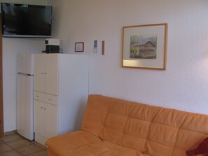 Apartment 1, Reinigungsgebühr nicht inkludiert | Wohnbereich | 82-cm-Flachbildfernseher mit Satellitenempfang, Fernseher