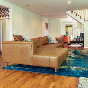 TV, fireplace, books