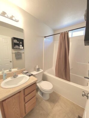 Combined shower/bathtub, hair dryer, towels