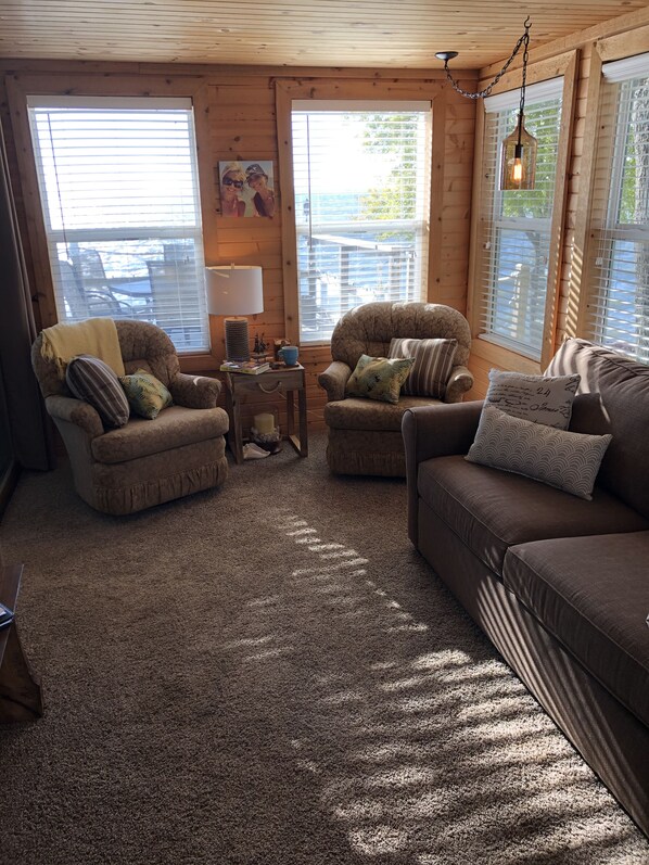 Smart TV, fireplace, DVD player, books