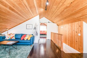 Smart TV, fireplace, books