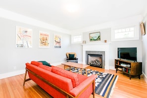 Smart TV, fireplace, books