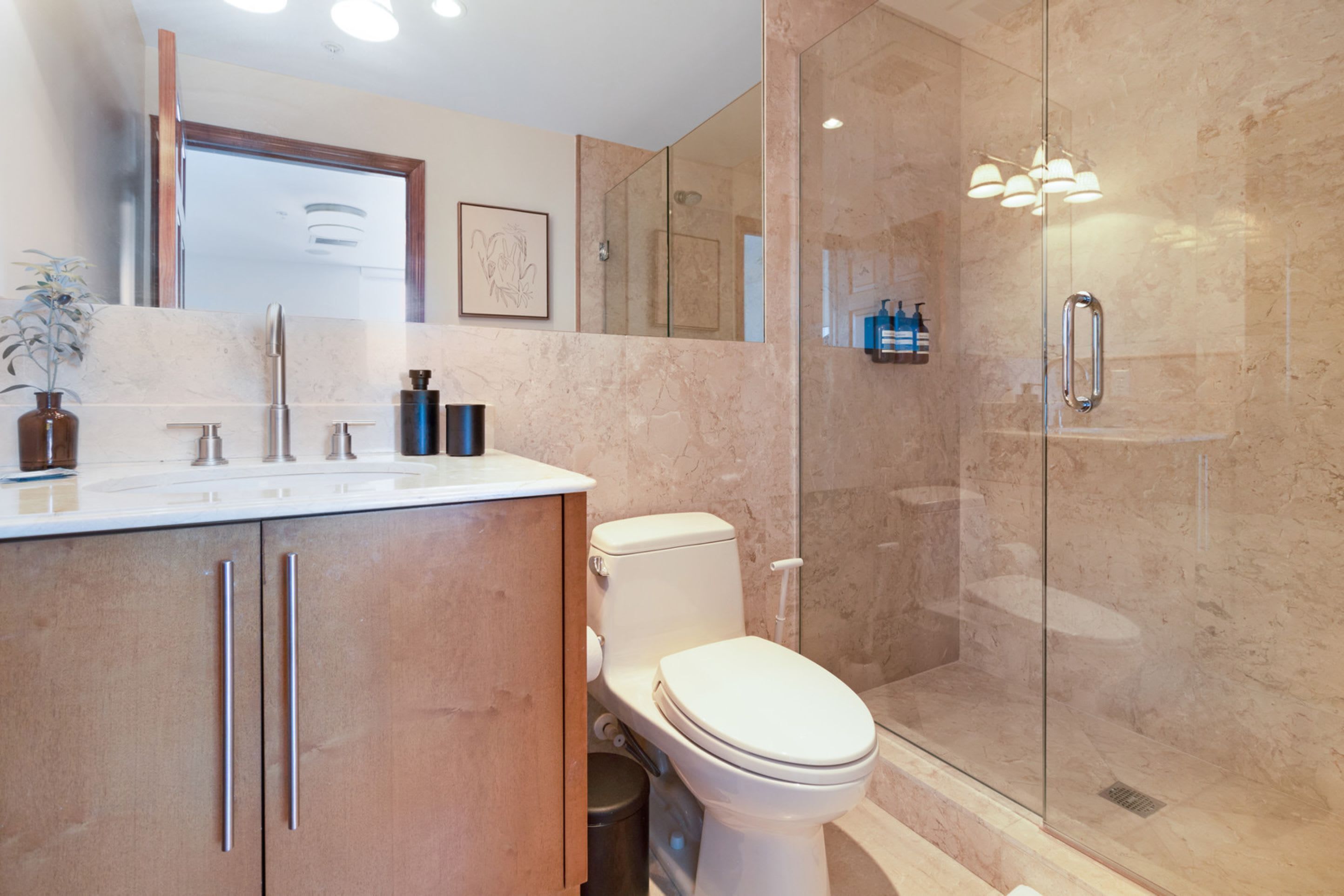 Une salle de bain moderne avec une douche en verre, des toilettes blanches et un lavabo surmonté d’un plateau en marbre.
