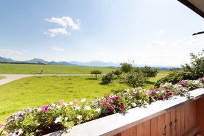 Enjoy the serene view of lush green fields and distant mountains from this balcony, surrounded by vibrant flowering plants.
