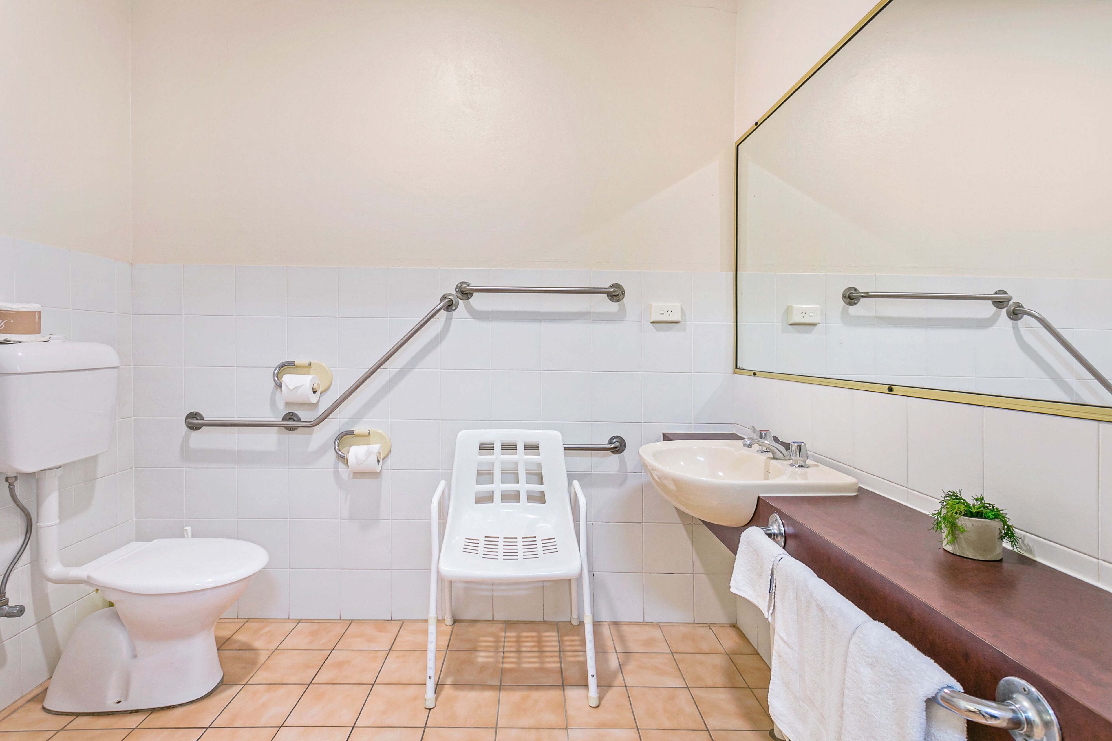 A bathroom with a toilet, a sink, a mirror, and a grab bar.