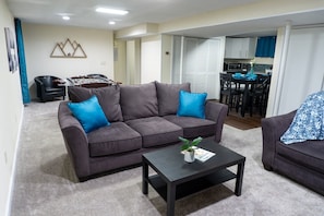 TV, fireplace, table football, toys