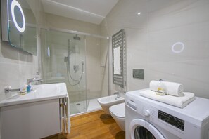 Shower, hair dryer, bidet, towels