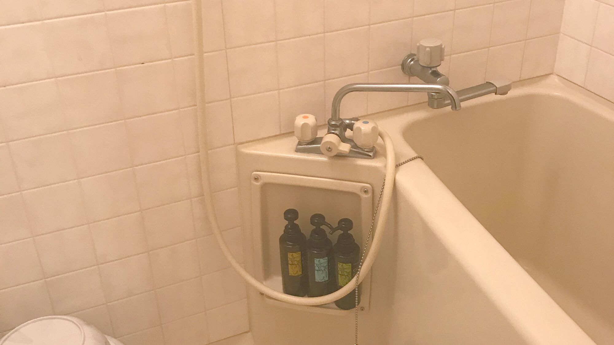 A bathtub with a handheld showerhead and a bottle of shampoo.