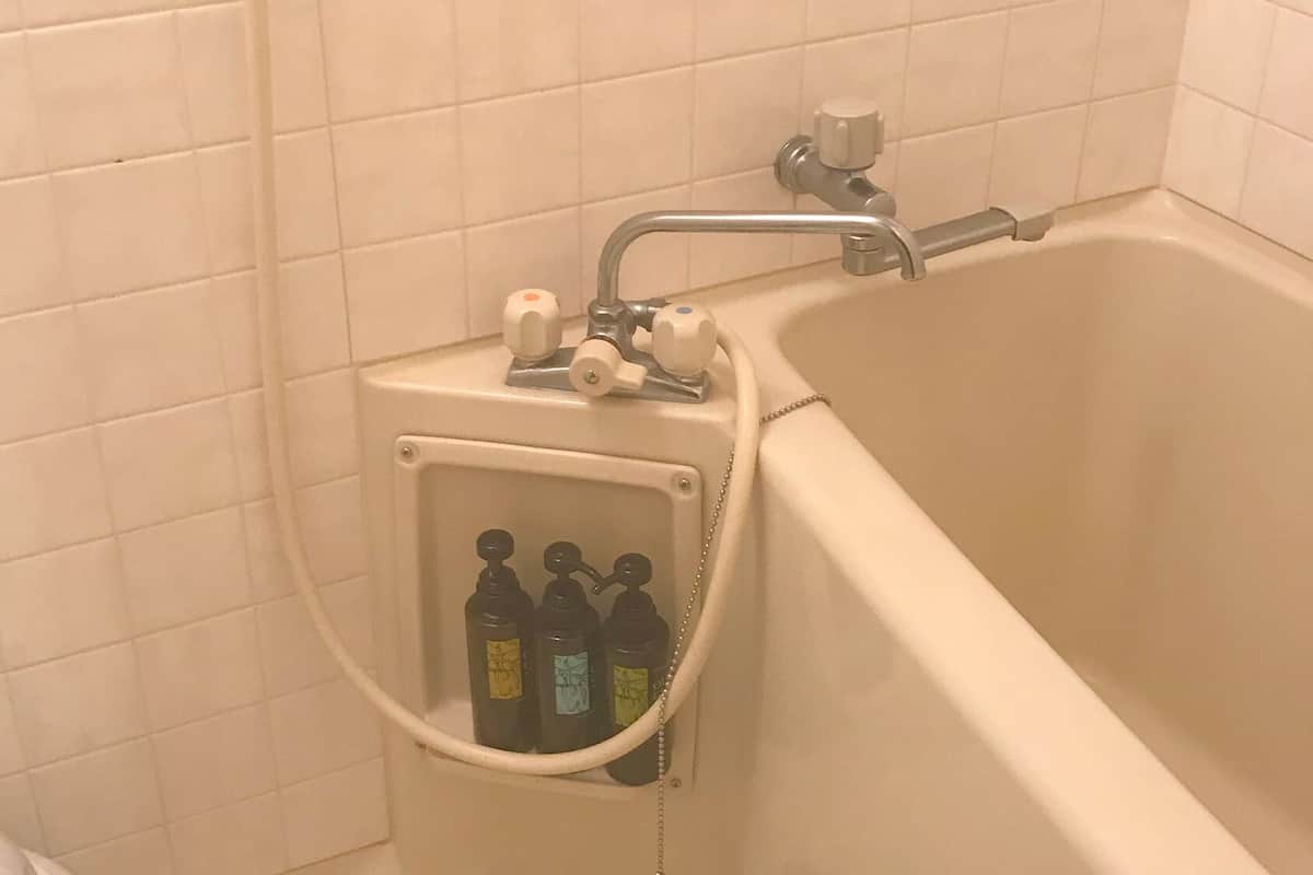 A bathtub with a handheld showerhead and a bottle of shampoo.
