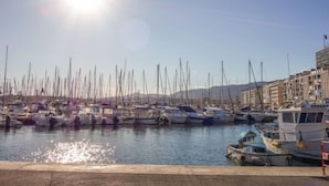 Un port de plaisance où sont amarrés de nombreux bateaux, un ciel dégagé et des bâtiments en arrière-plan.